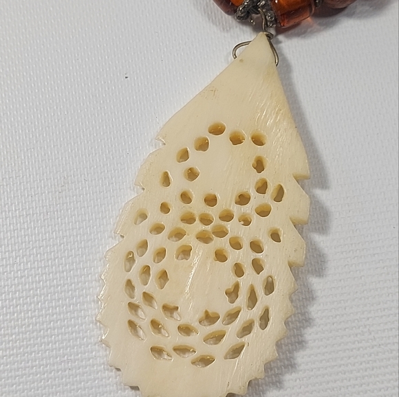 Handcrafted Wood Glass Bead Necklace with Carved Pendant - Picture 8 of 9